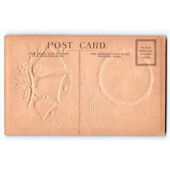 Vintage 1907-1915 New Year Greetings Postcard Embossed Bells & Winter Scene - Picture 2 of 2